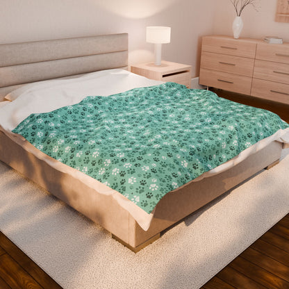 60" × 80" Seagreen Paw Prints Velveteen Plush Blanket