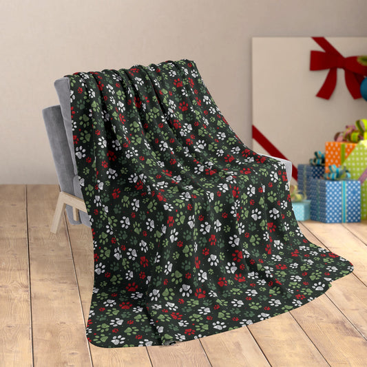 60" × 80" Christmas Classic Paw Prints Green Fleece Sherpa Blanket