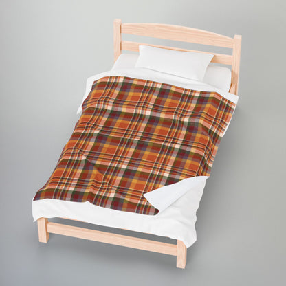 Autumn Burnt Orange Plaid Velveteen Plush Blanket