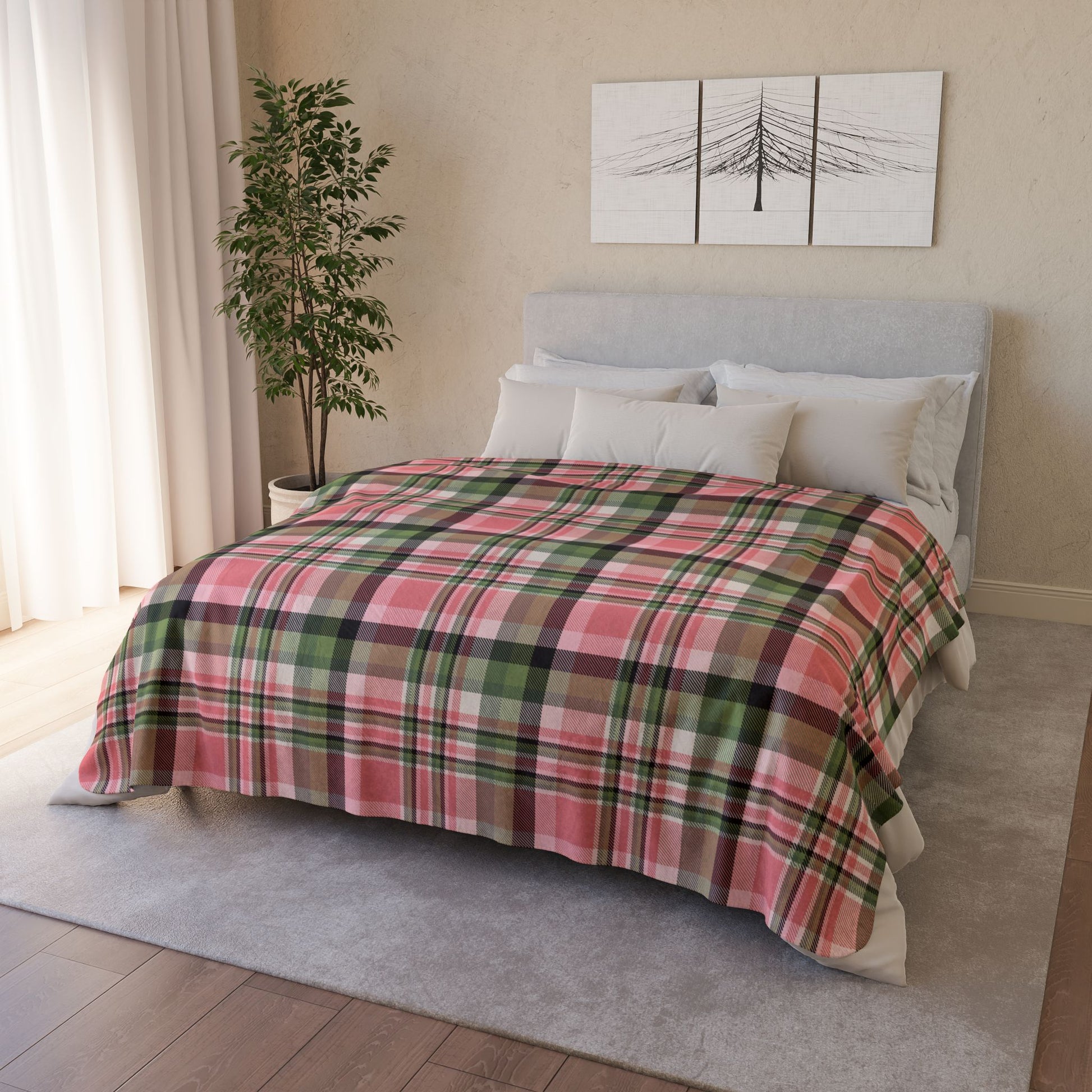 Christmas Pink & Green Plaid Fleece Sherpa Blanket