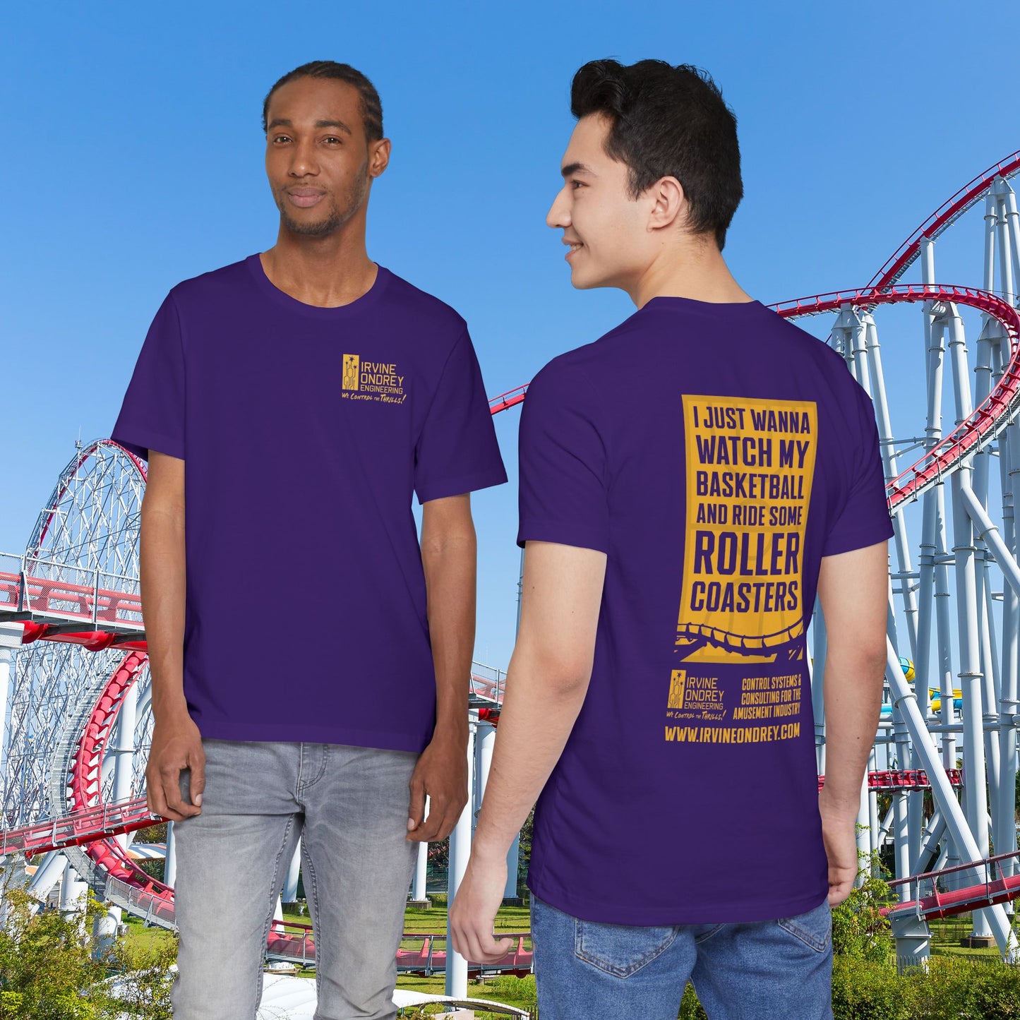Team Purple I Just Wanna Watch Basketball & Ride Roller Coasters Tee (BACK graphic) • Irvine Ondrey Engineering