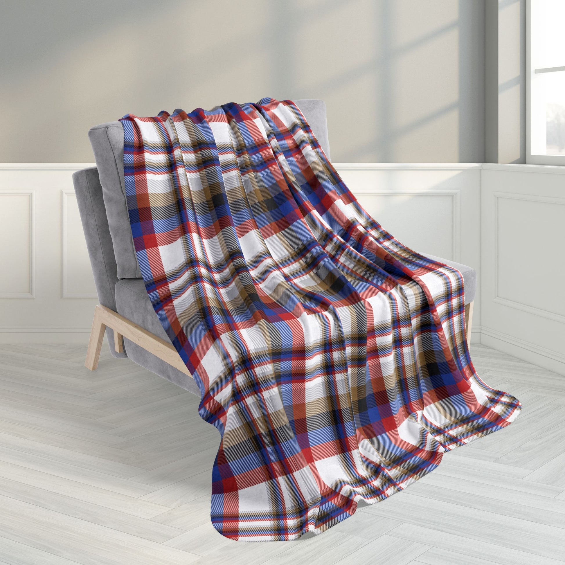 50" × 60" White, Red & Blue Gurnee IL Plaid Fleece Sherpa Blanket