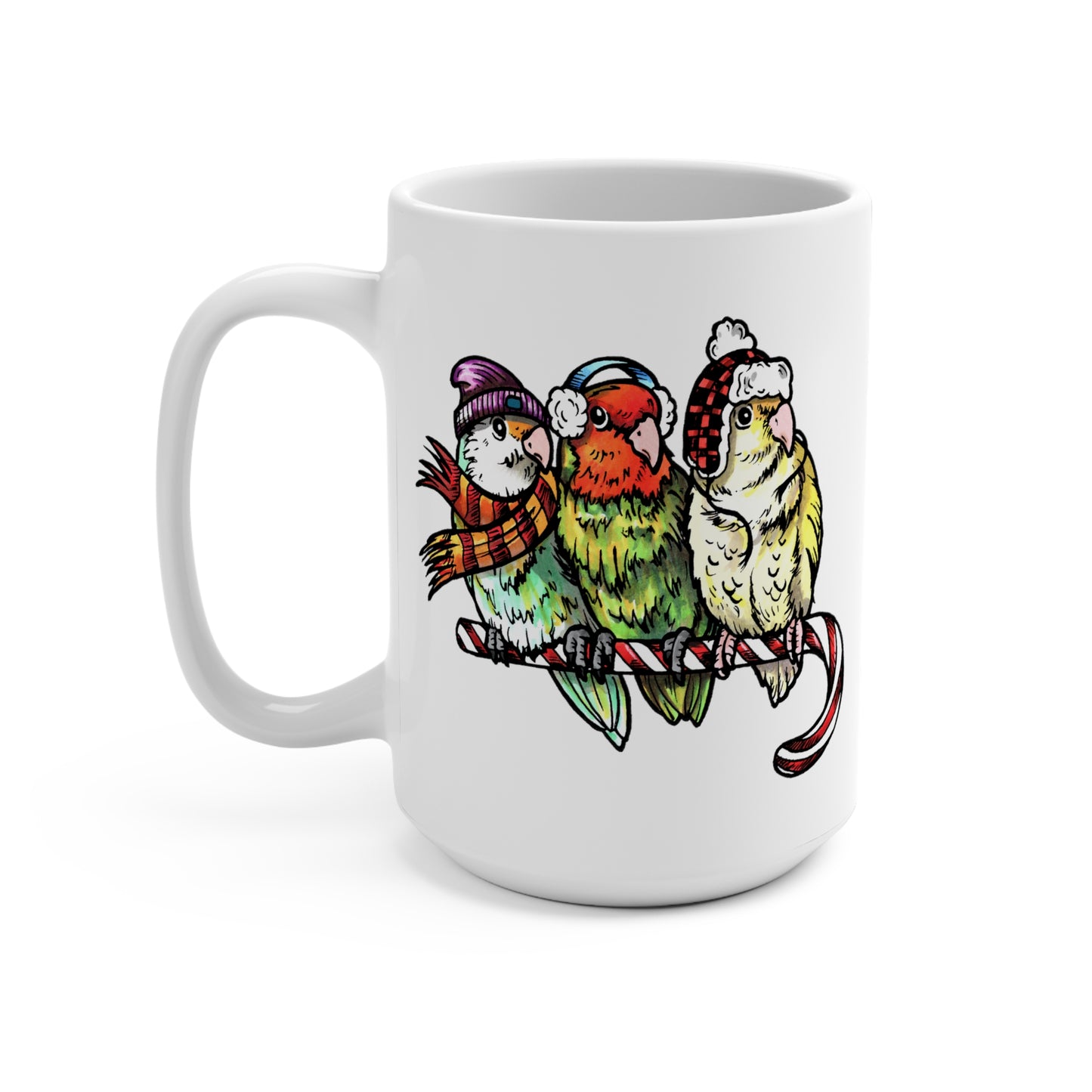 3 Lovebirds With Winter Wear & Perched on a Candy Cane, 11oz or 15oz Mug