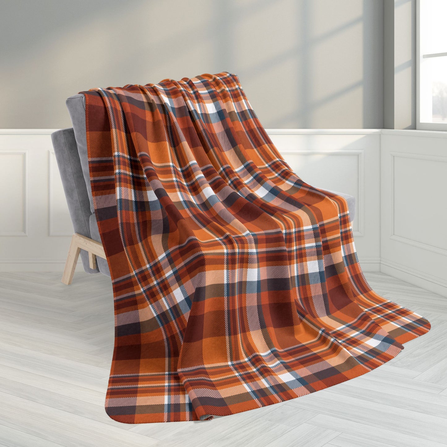 60" × 80" Grey Autumn Blue Plaid Fleece Sherpa Blanket