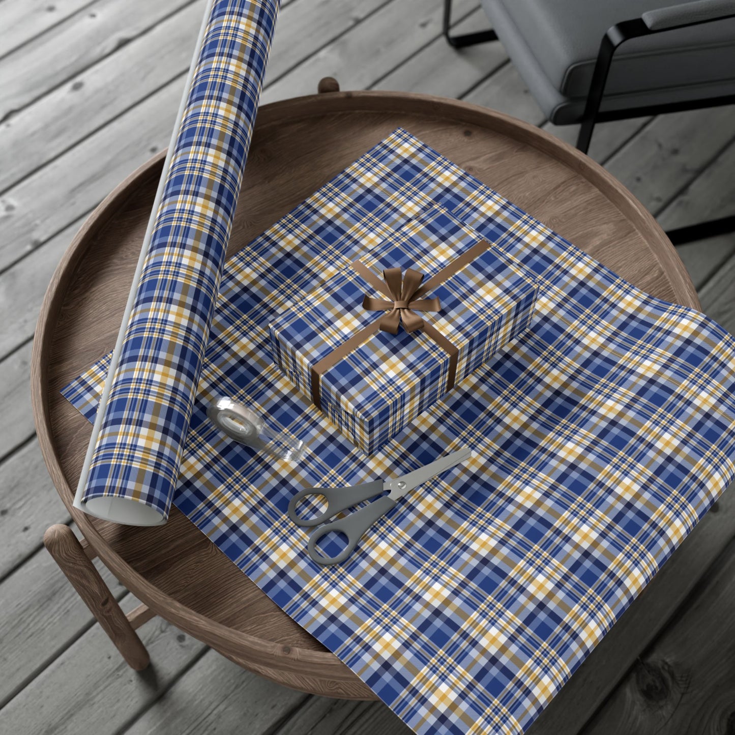 Hannukah Dark Blue, White & Gold Plaid Gift Wrapping Paper Roll