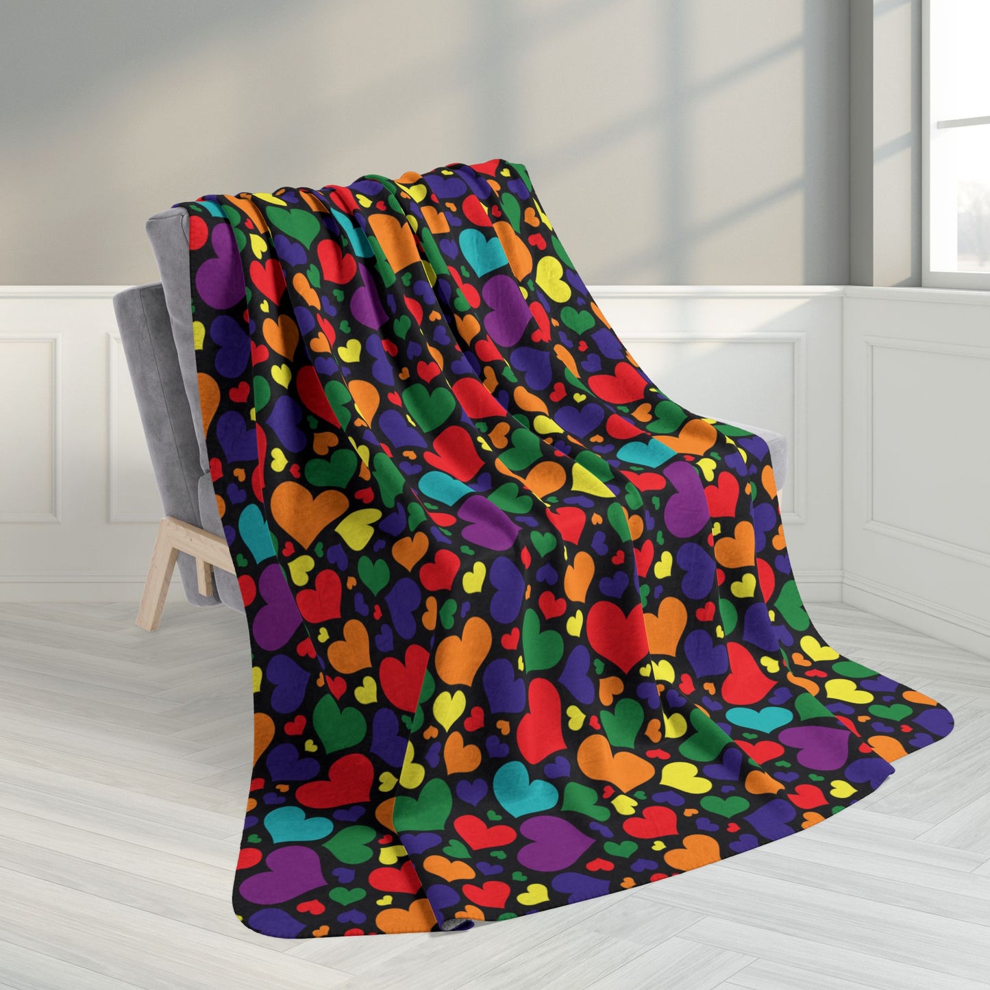 60" × 80" Rainbow 7-Color Pride Valentine’s Day Hearts Black Fleece Sherpa Blanket
