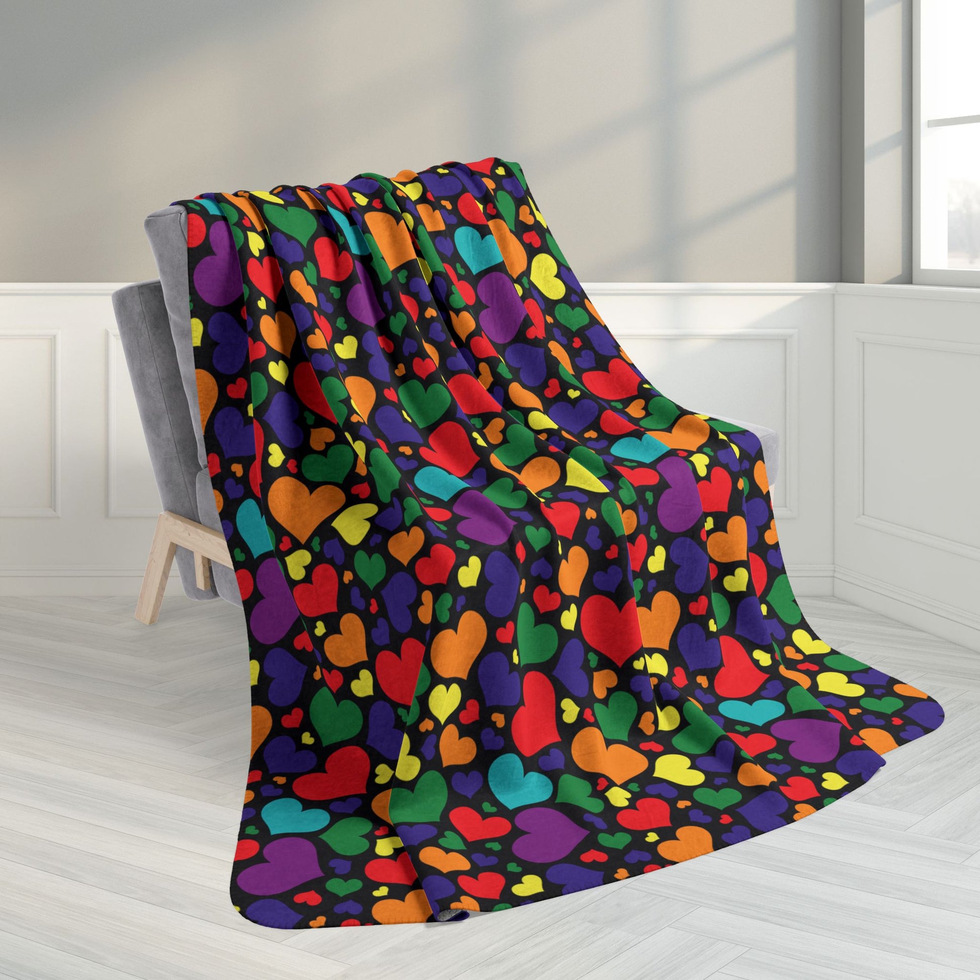 60" × 80" Rainbow 7-Color Pride Valentine’s Day Hearts Black Fleece Sherpa Blanket