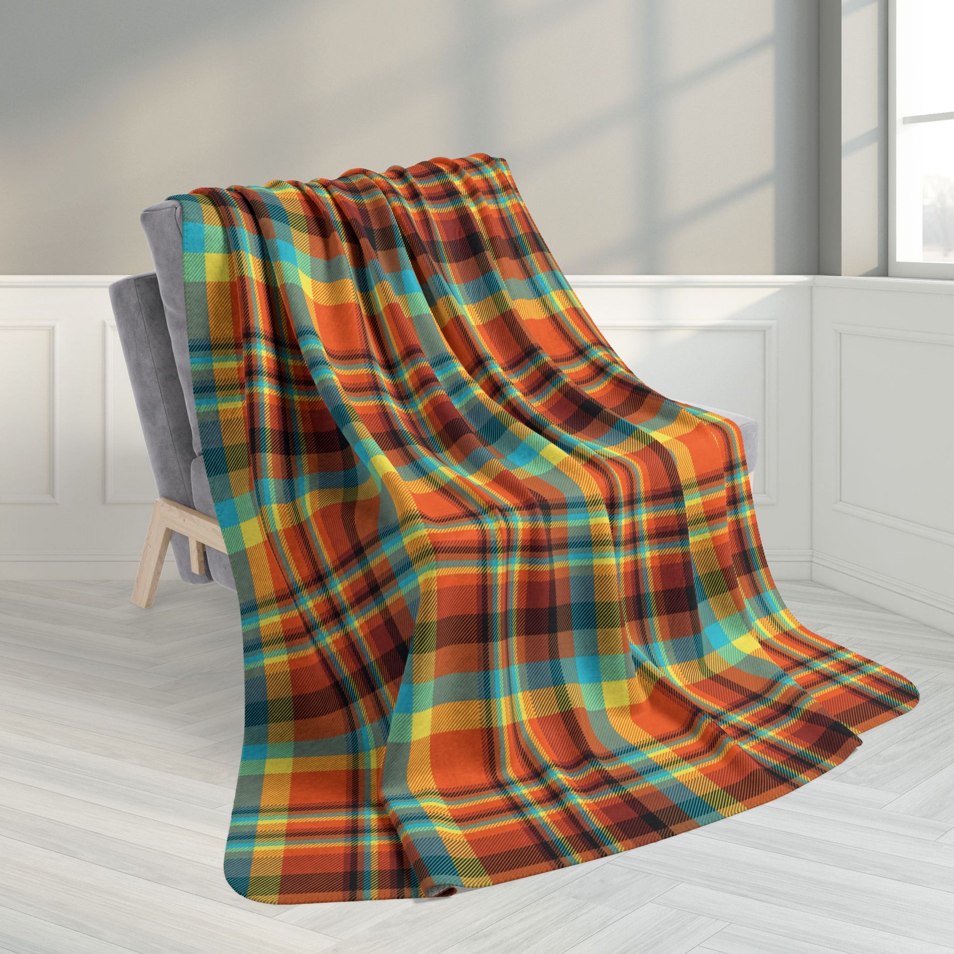 60" × 80" Orange, Teal & Yellow Santa Claus IN Plaid Fleece Sherpa Blanket