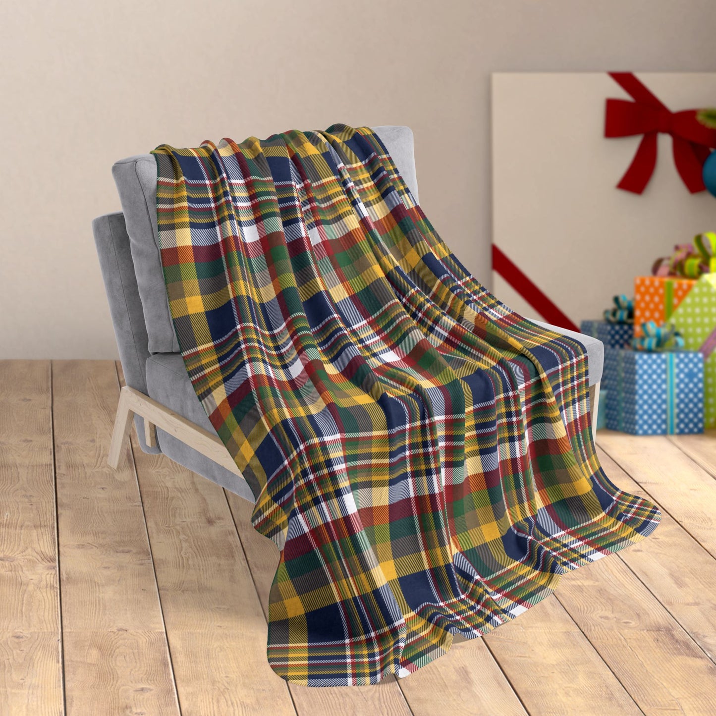 50" × 60" Christmas Blue & Yellow Plaid Milwaukee WI Fleece Sherpa Blanket