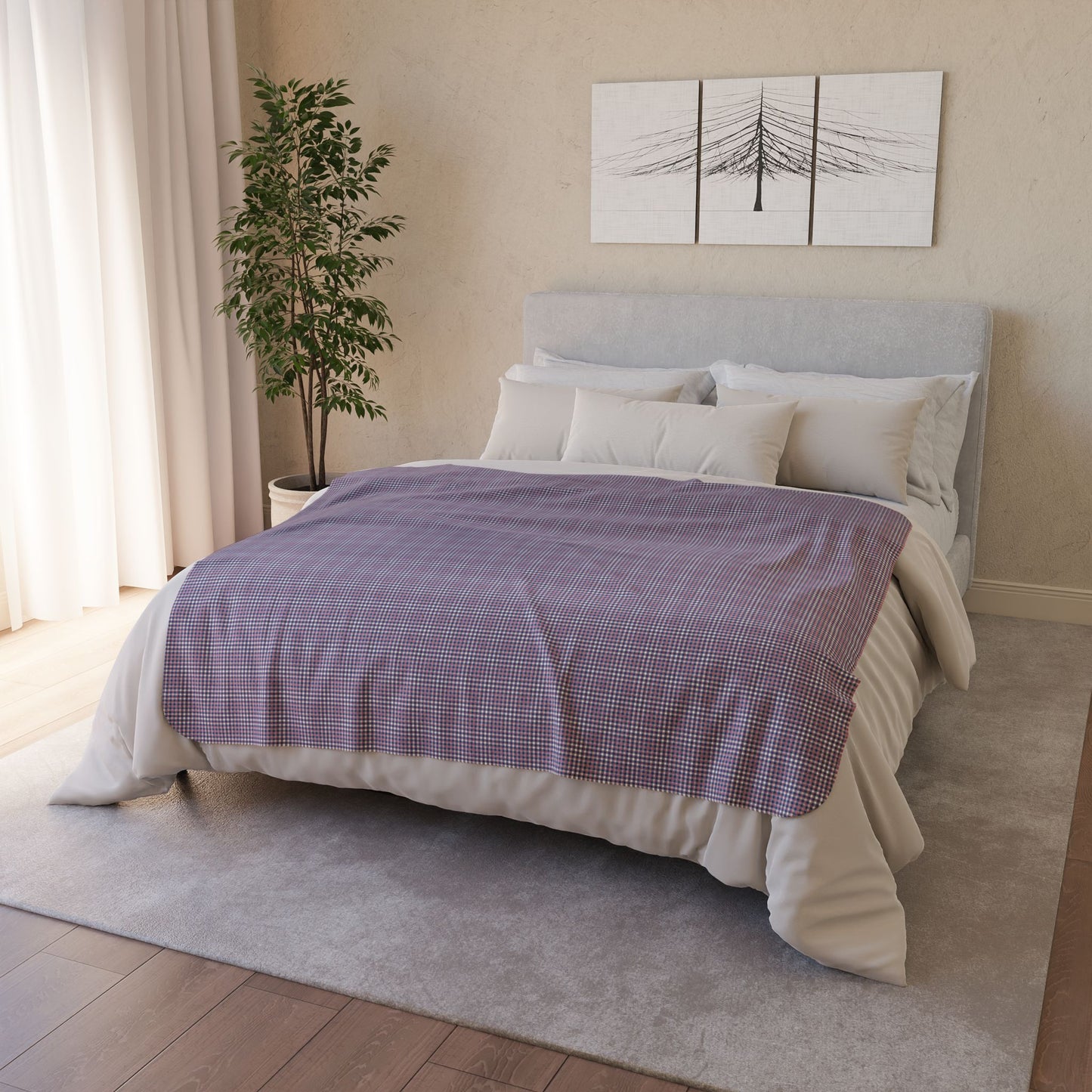50" × 60" Grey Pink & Slate Blue Gingham Fleece Sherpa Blanket