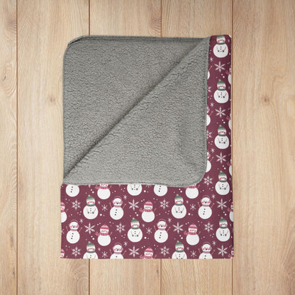 Christmas Pink & Green Snowman Mauve Fleece Sherpa Blanket