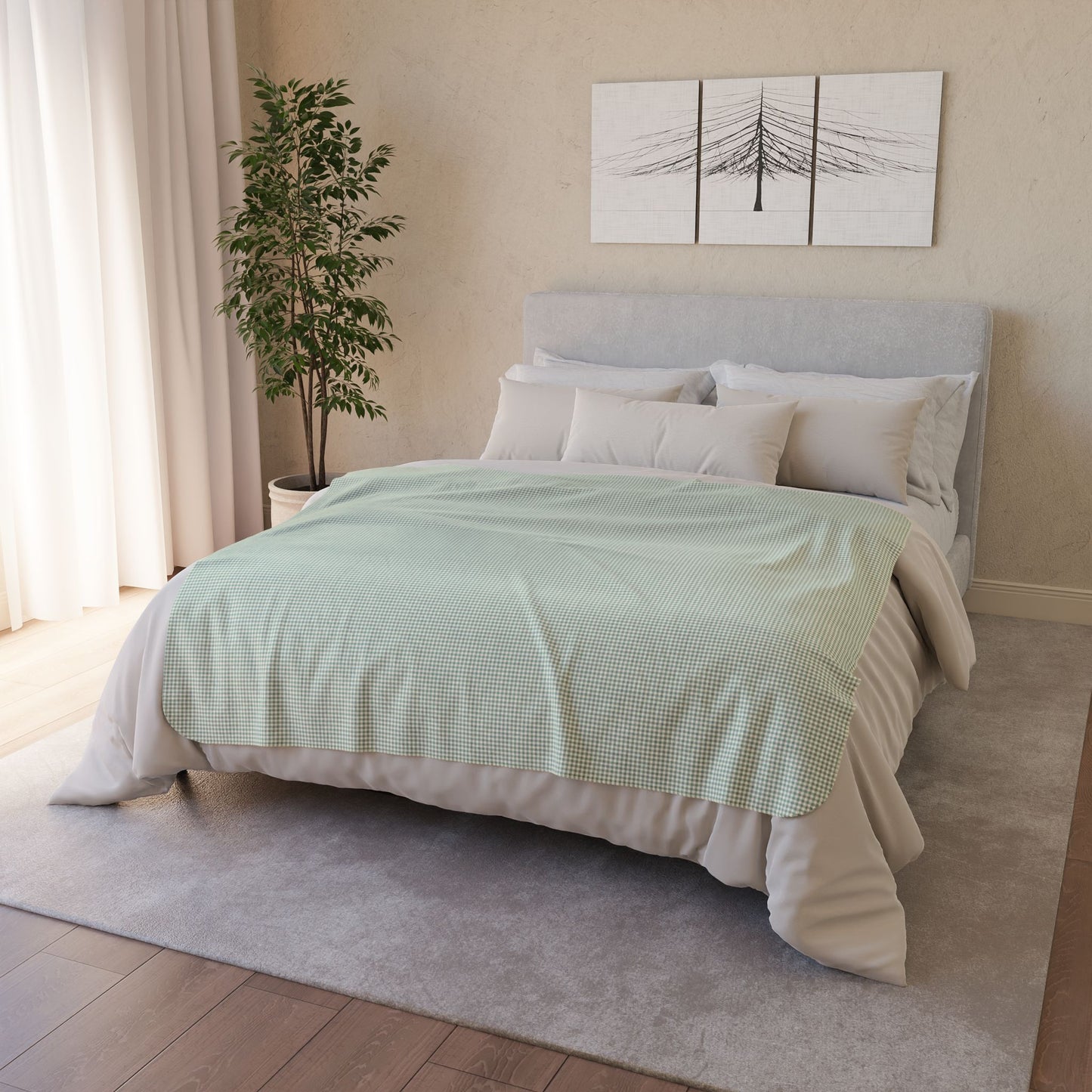 50" × 60" Grey Green & Cream Gingham Fleece Sherpa Blanket