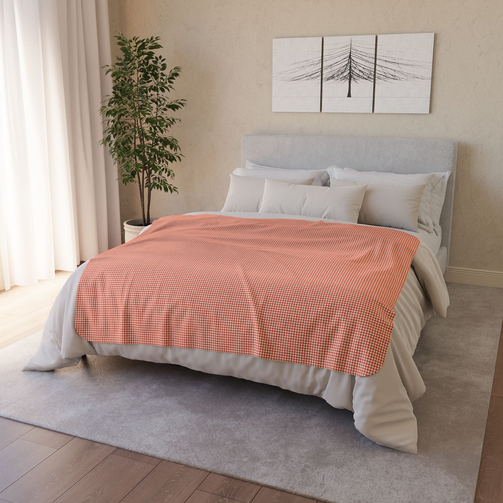 50" × 60" Grey Persimmon & Cream Gingham Fleece Sherpa Blanket