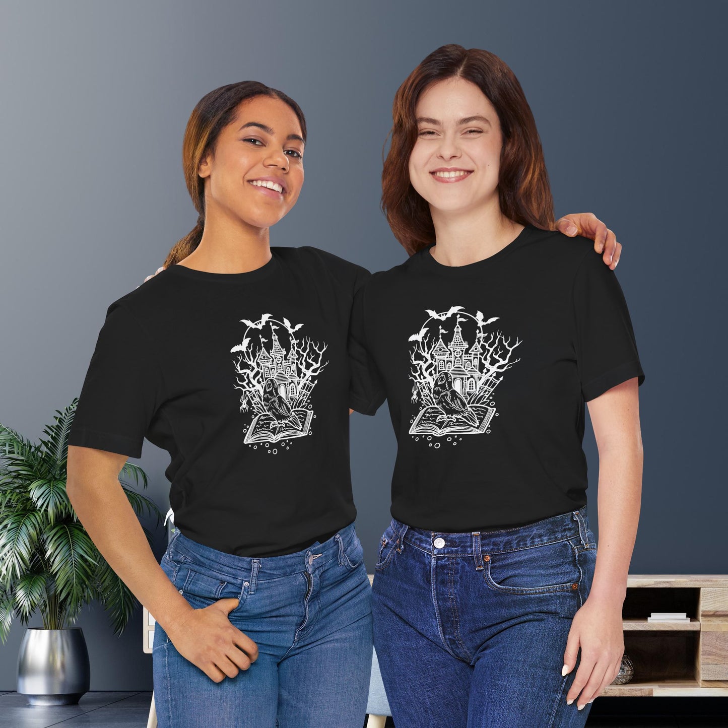 Lovebird on a Spell Book by a Haunted House, Line Art Tee