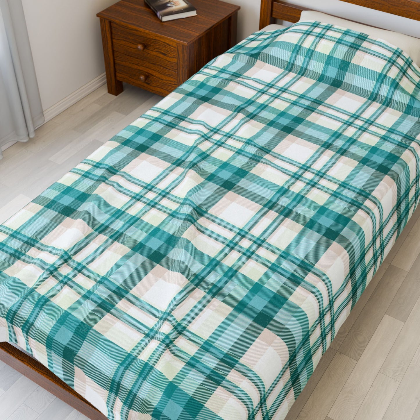 Coastal Teal Plaid Velveteen Plush Blanket