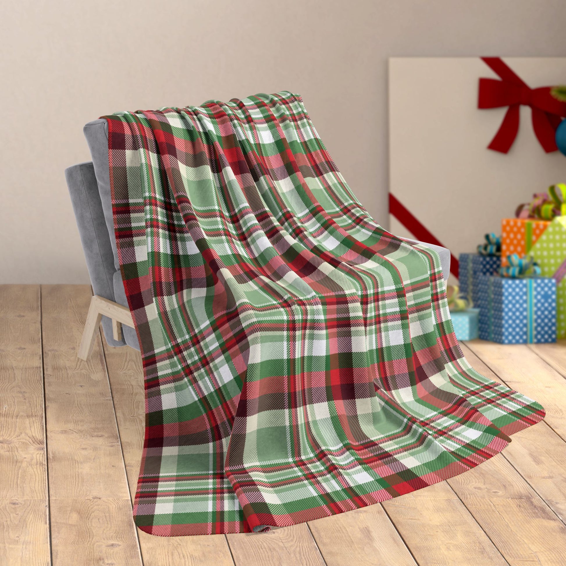 60" × 80" Christmas Red, Green & Cream Plaid Fleece Sherpa Blanket