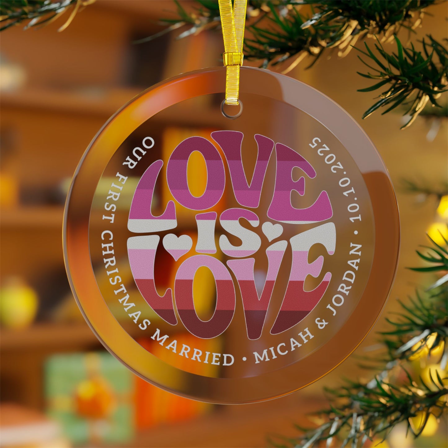 Custom Glass Love is Love Lesbian Pink Pride 3.5" Circle Ornaments