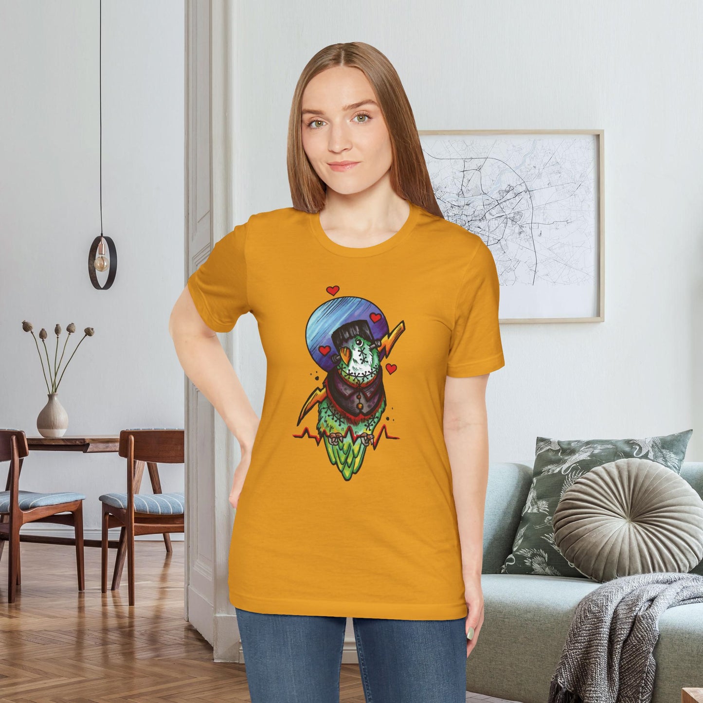 Frankenstein Lovebird, Hand-Drawn & Hand-Colored Tee