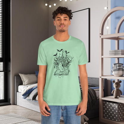 Lovebird on a Spell Book by a Haunted House, Line Art Tee