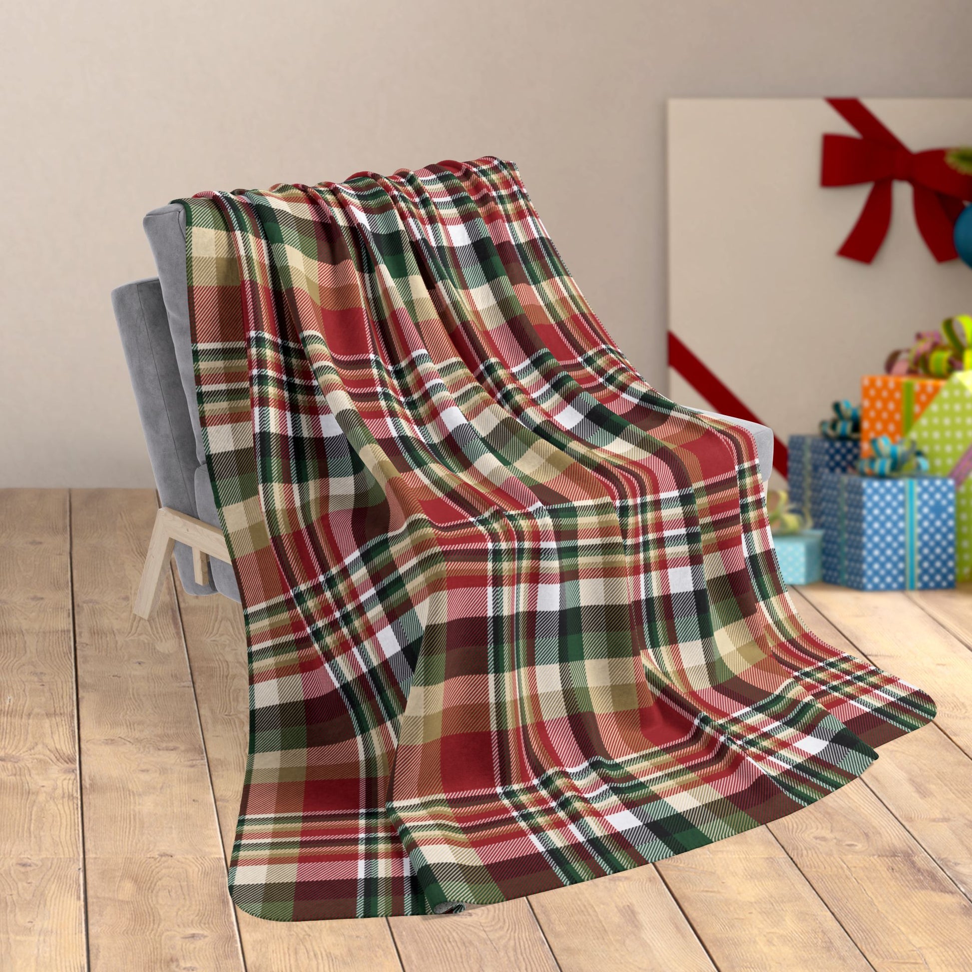 60" × 80" Christmas Red & Gold San Francisco CA Plaid Fleece Sherpa Blanket