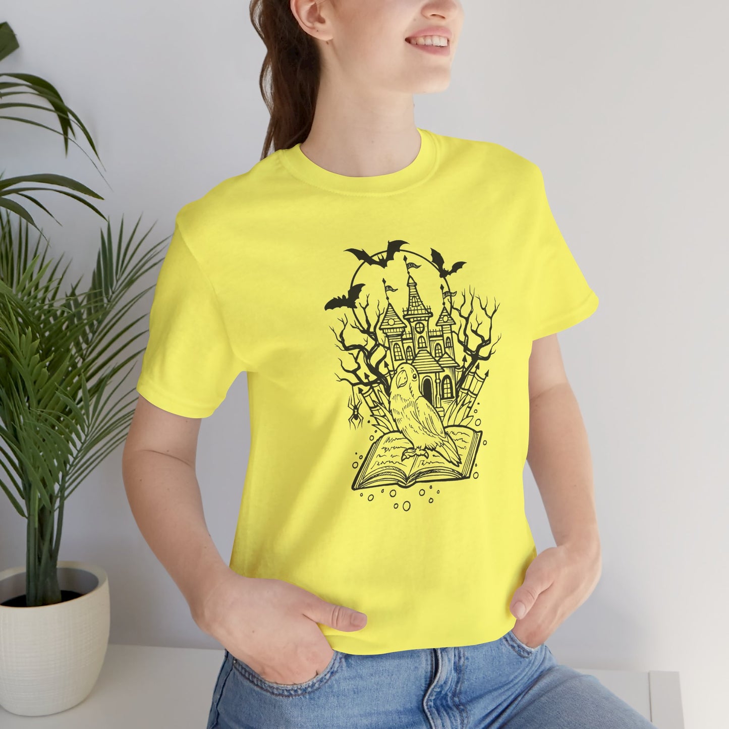 Lovebird on a Spell Book by a Haunted House, Line Art Tee