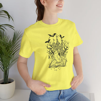 Lovebird on a Spell Book by a Haunted House, Line Art Tee