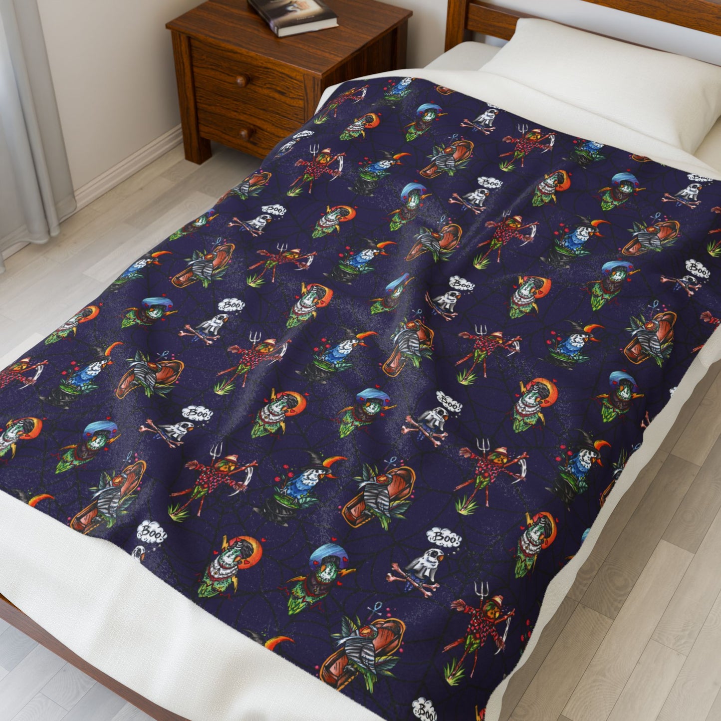 Halloween Lovebirds Velveteen Plush Blanket, Hand-Drawn & Hand-Colored