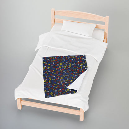 Red, Yellow & Blue Ohio Paw Prints Black Velveteen Plush Blanket