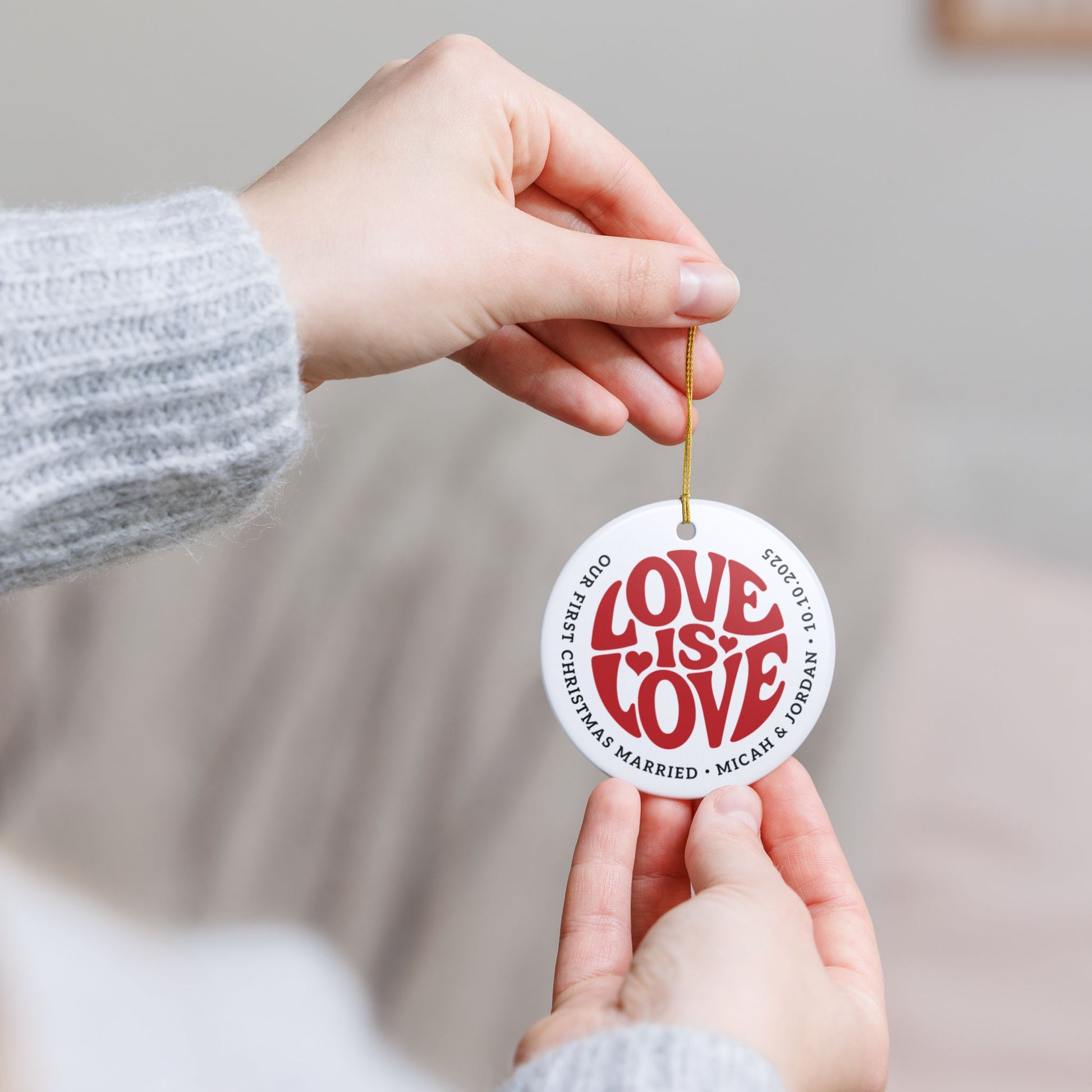 Custom White Ceramic Red Love is Love 2.8" Circle Ornament