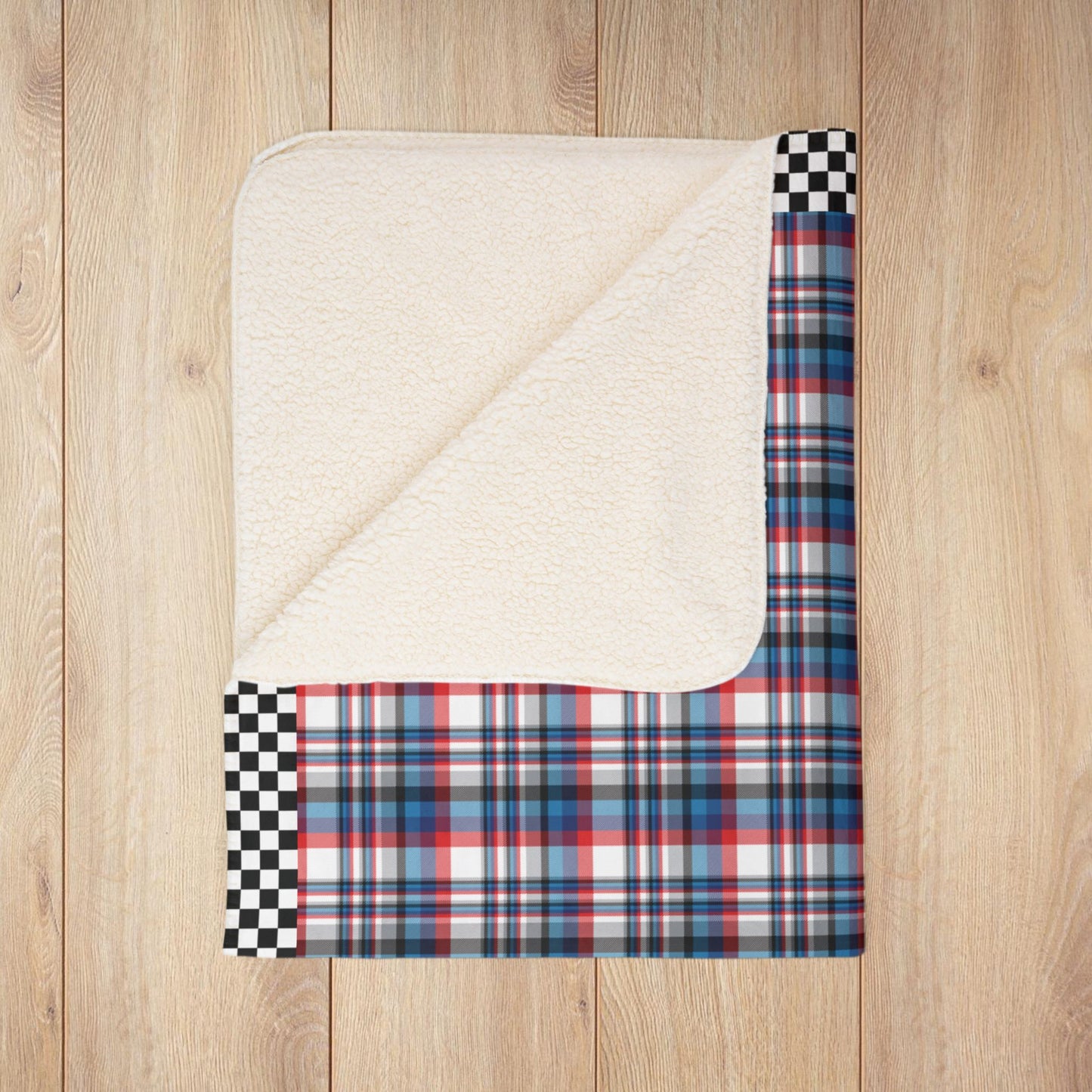 White, Red, Blue & Grey Ohio Plaid with Checkered Edge Fleece Sherpa Blanket