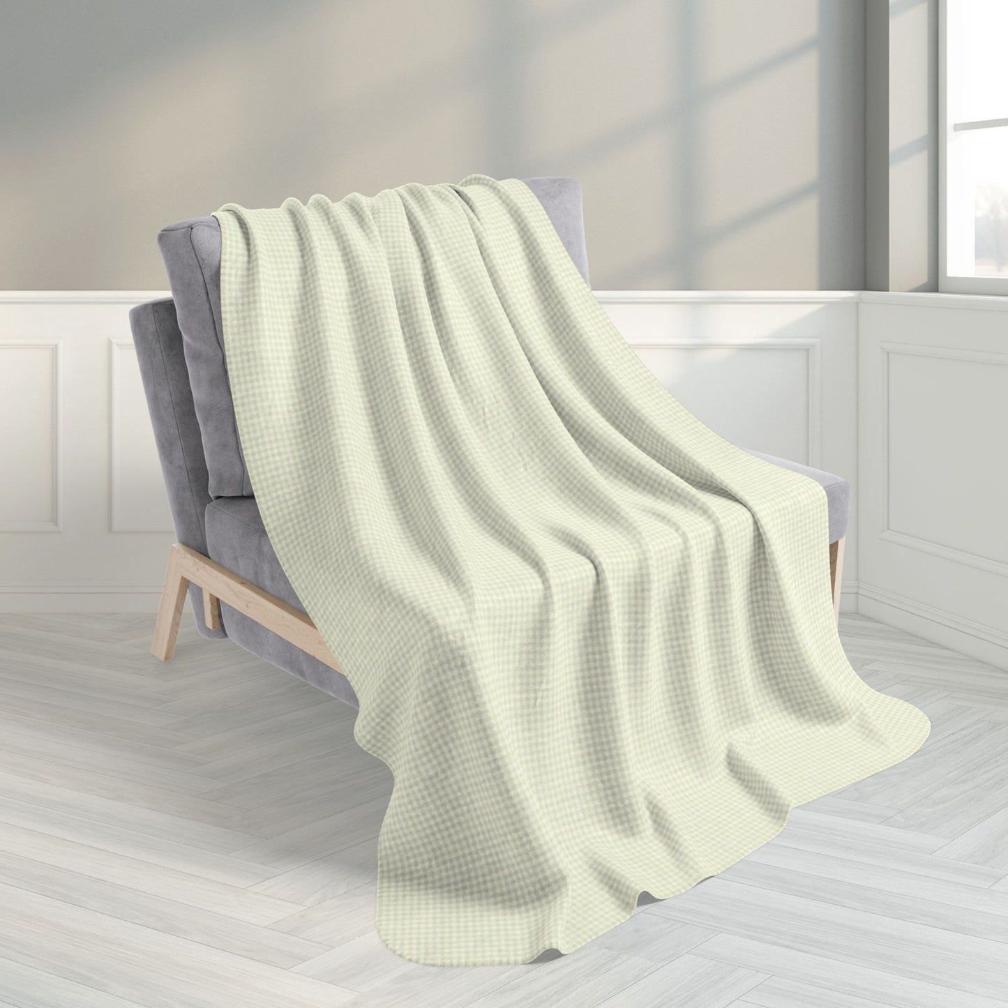Light Green & Cream Gingham Fleece Sherpa Blanket