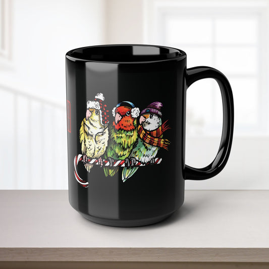 3 Lovebirds With Winter Wear & Perched on a Candy Cane, 11oz or 15oz Mug