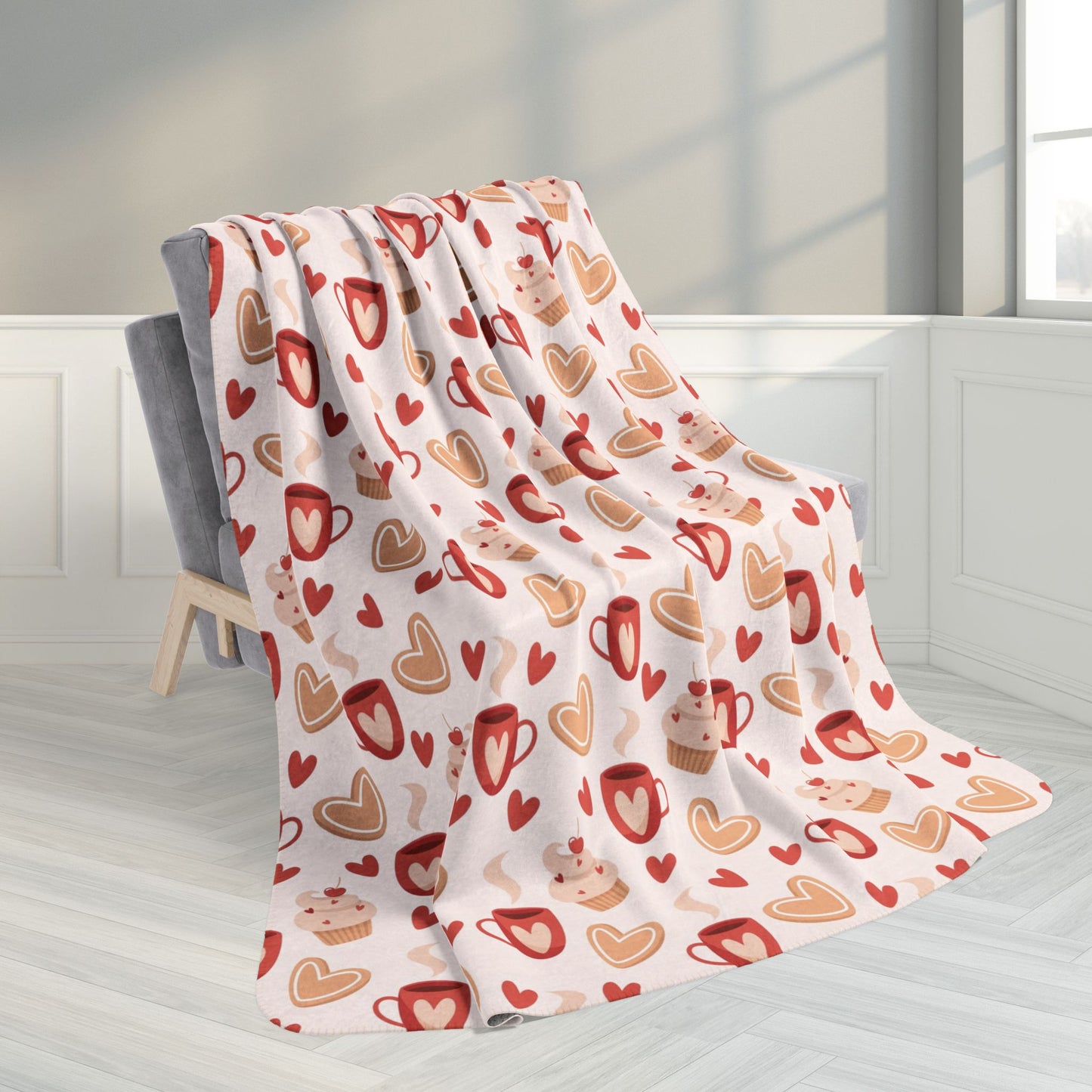 60" × 80" Coffee, Sweets & Hearts Valentine’s Day Fleece Sherpa Blanket