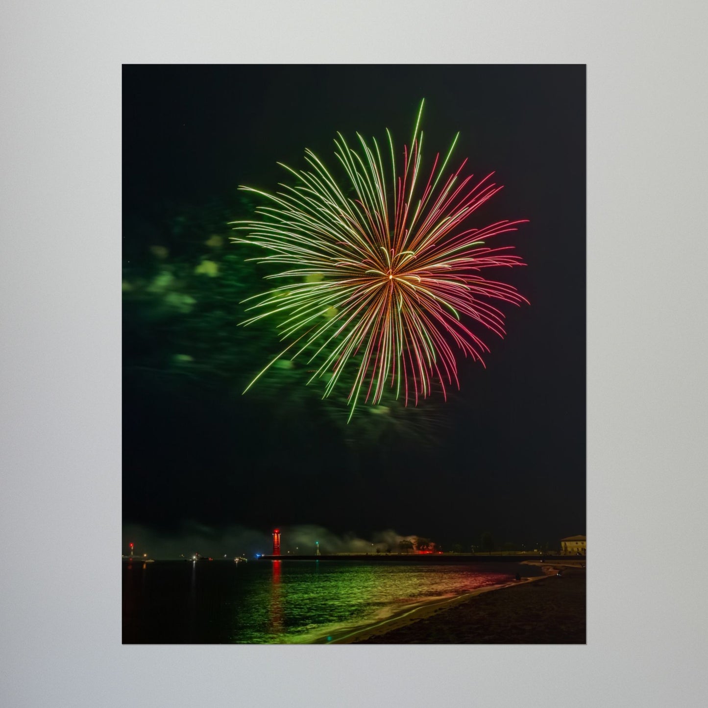 Green & Pink 4th of July Fireworks over Kenosha Pier Light Rolled Poster