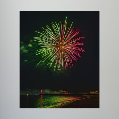 Green & Pink 4th of July Fireworks over Kenosha Pier Light Rolled Poster
