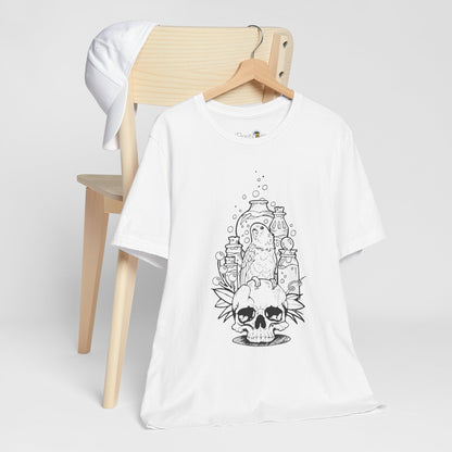 Crazy Scientist Lovebird Sitting on a Skull, Line Art Tee