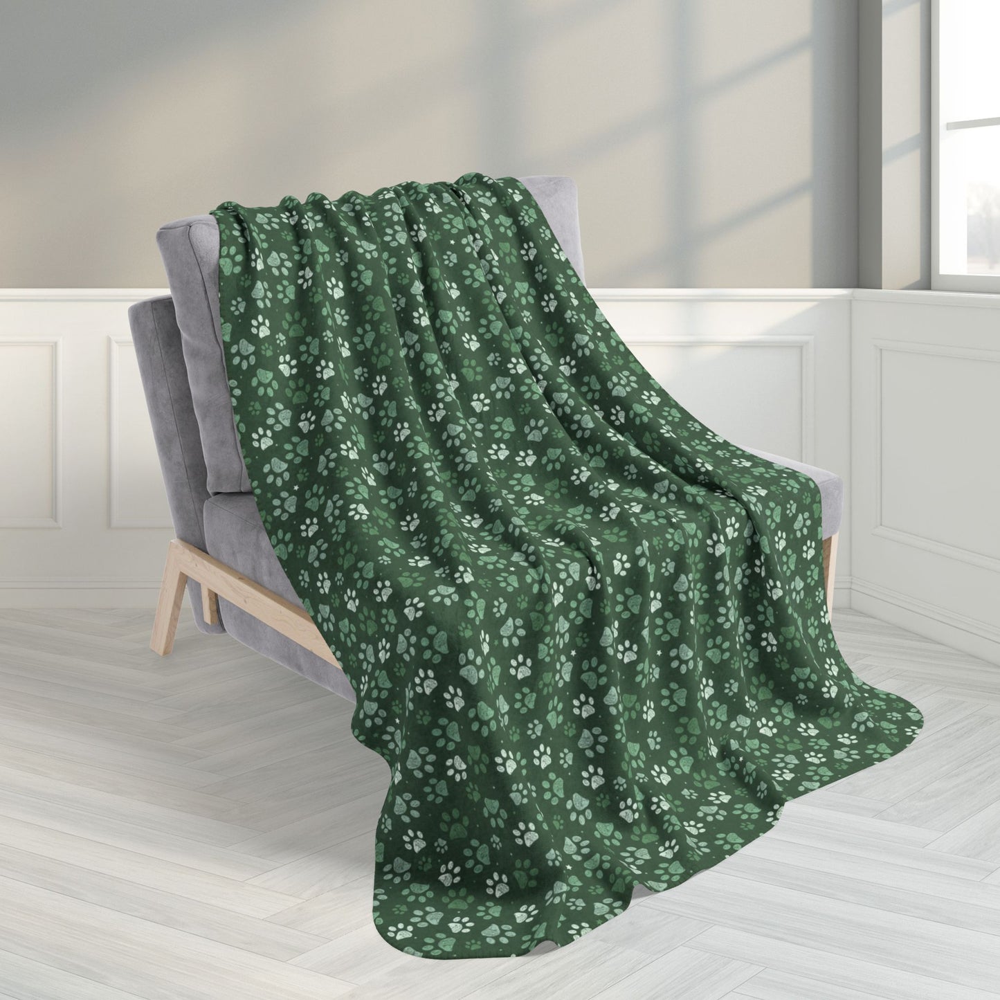 50" × 60" Green Paw Prints Fleece Sherpa Blanket