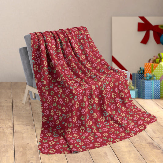 60" × 80" Grey MCM Christmas Teal & Pink Paw Prints Red Fleece Sherpa Blanket