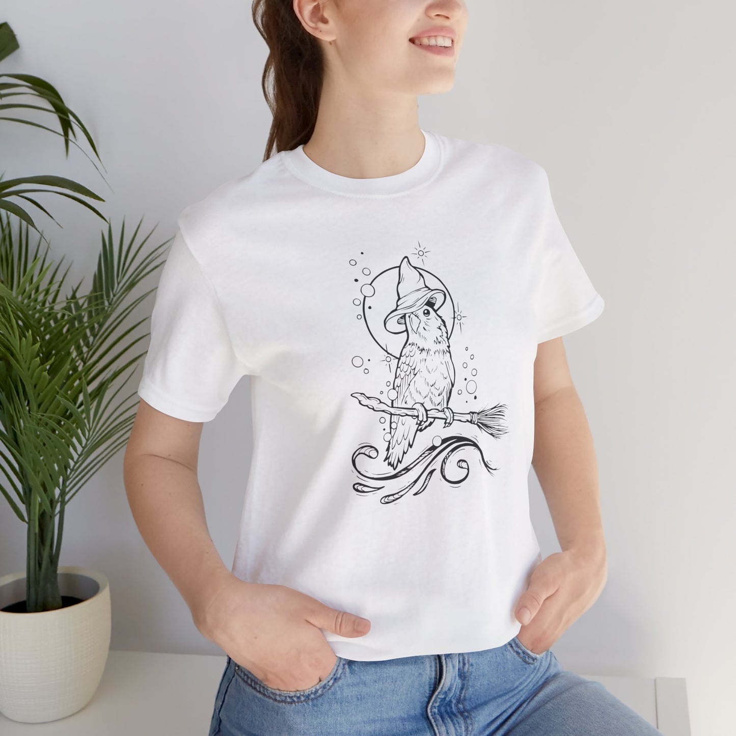 Lovebird Witch on a Broom, Line Art Tee