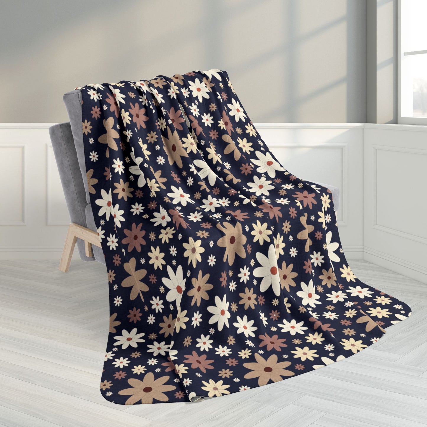 60" × 80" Grey Daisies Fleece Sherpa Navy Blue Blanket