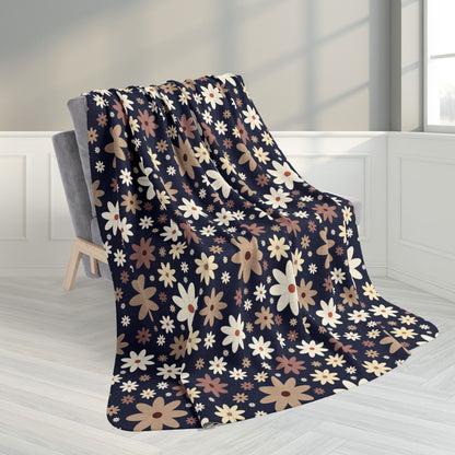 60" × 80" Grey Daisies Fleece Sherpa Navy Blue Blanket