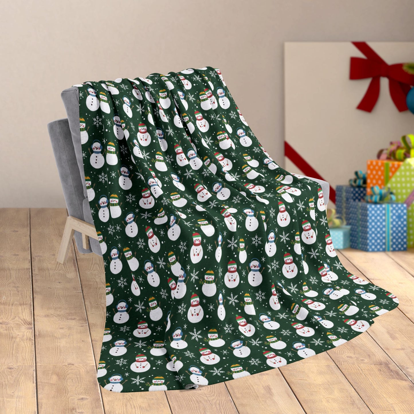 60" × 80" Grey Christmas Snowman Green Fleece Sherpa Blanket