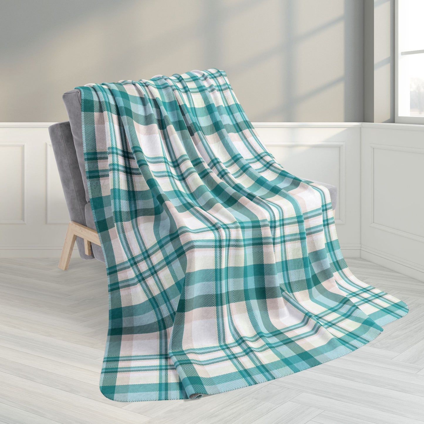 60" × 80" Coastal Teal Plaid Fleece Sherpa Blanket