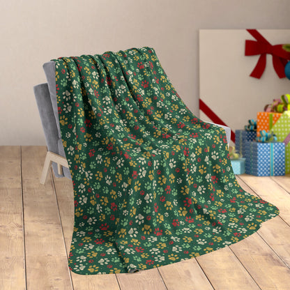 60" × 80" MCM Christmas Gold Paw Prints Green Fleece Sherpa Blanket