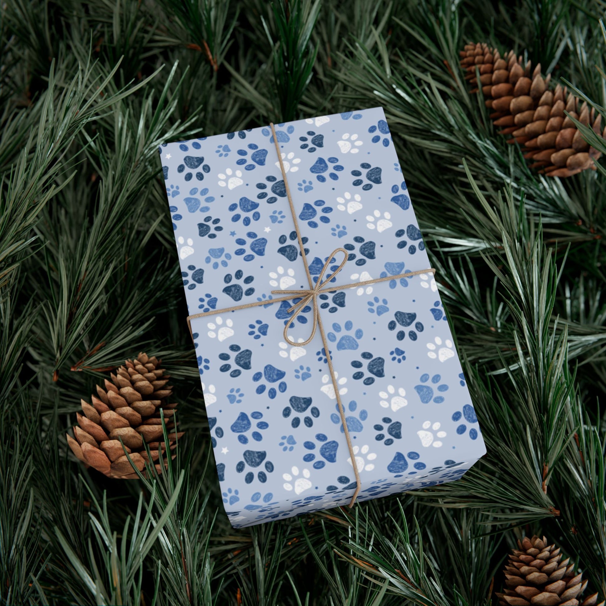 Christmas Blue & White Paw Print Gift Wrapping Paper Roll