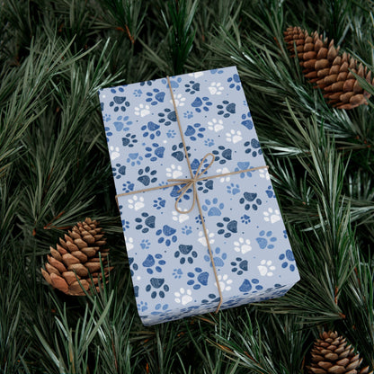 Christmas Blue & White Paw Print Gift Wrapping Paper Roll