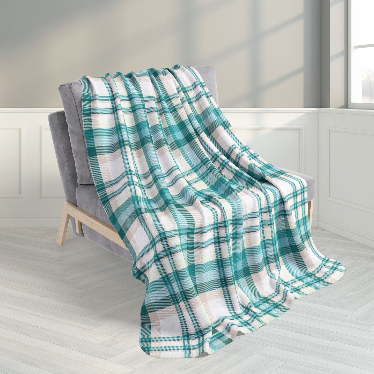 50" × 60" Coastal Teal Plaid Fleece Sherpa Blanket