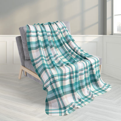 50" × 60" Coastal Teal Plaid Fleece Sherpa Blanket