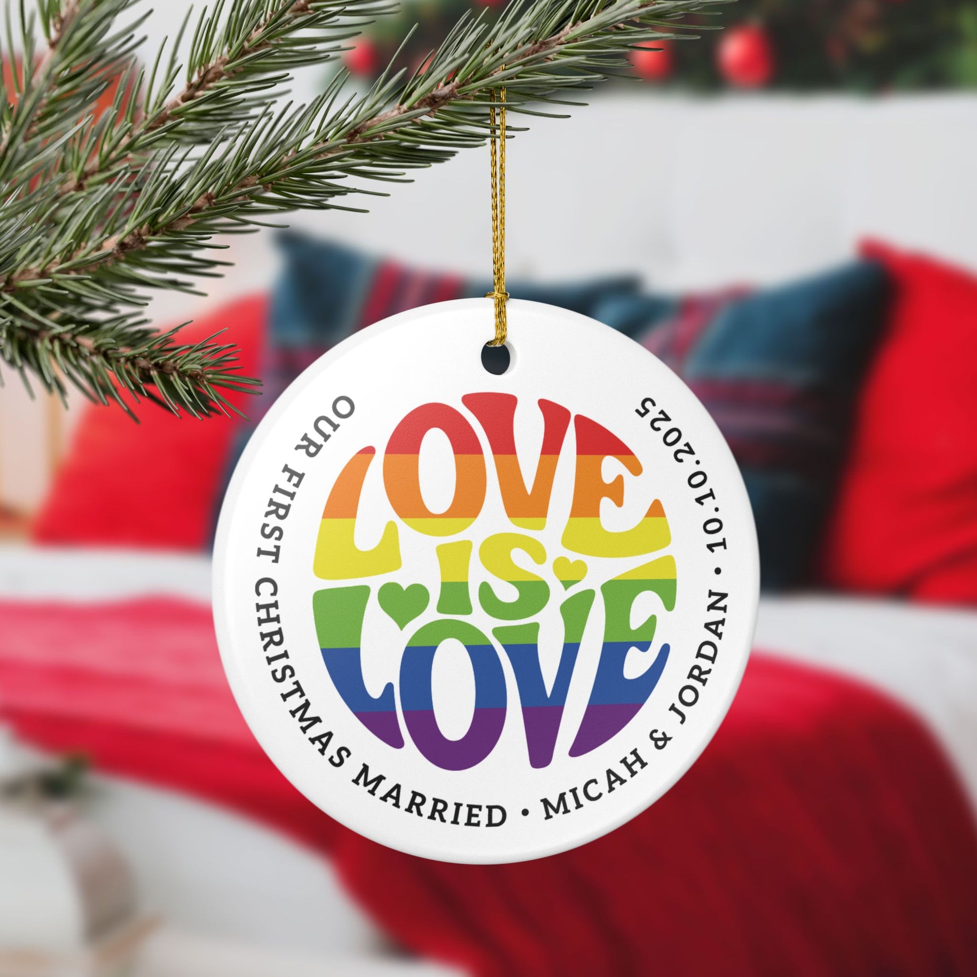 Custom Ceramic Love is Love Rainbow Pride 2.8" Circle Ornament