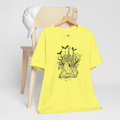 Lovebird on a Spell Book by a Haunted House, Line Art Tee